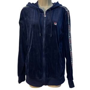 Fila Navy Blue Velour Full Zip Hoodie with‎ pockets and Logo Ribbon on Sleeves M